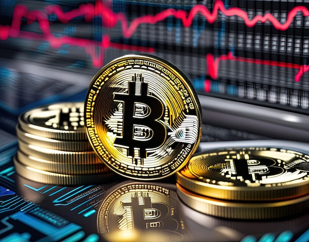 gouden bitcoin-munten en computer met digitale valutagrafiek op de achtergrond