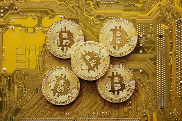 Gouden bitcoin op computermotherboard, Bitcoin-mijnconcept