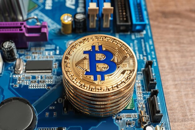 Gouden bitcoins op pc-moederbord