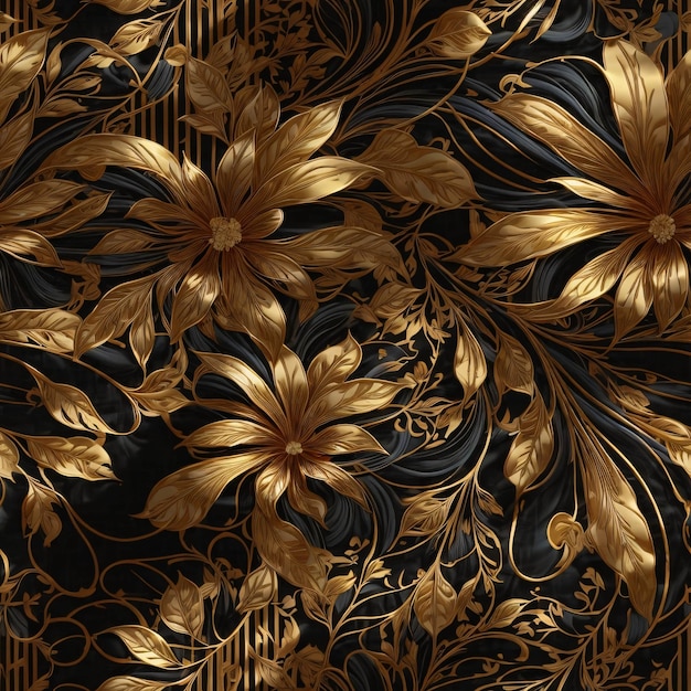 Gouden bloemen en bladeren patroon op zwarte achtergrond luxe decoratie van botanische bloemen