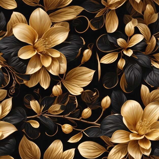 Gouden bloemen en bladeren patroon op zwarte achtergrond luxe decoratie van botanische bloemen