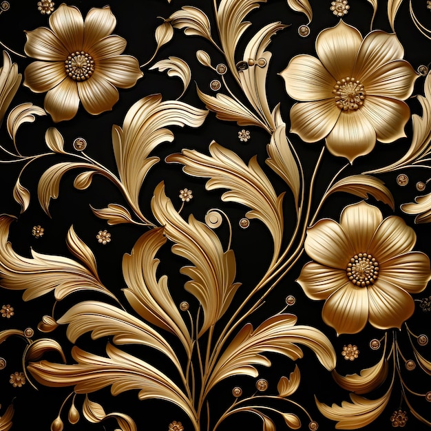 Gouden bloemenornament met bloemen en bladeren op zwarte achtergrond Vectorillustratie