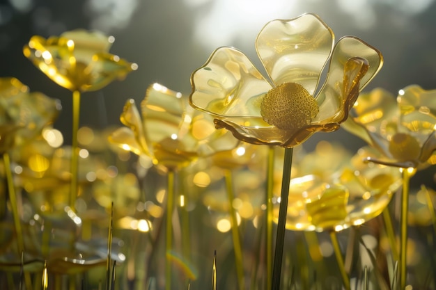 Foto gouden bloesems zonnelichte glazen bloemen die stralen in een helder veld