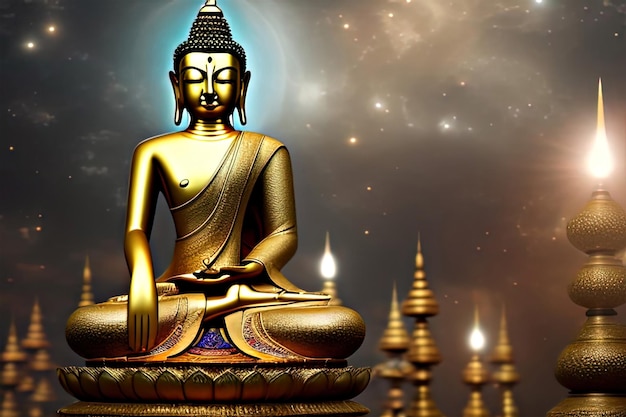 Gouden Boeddha op de boeddhistische oosterse feestdag Vesak dramatische verlichting Ai generatieve kunst
