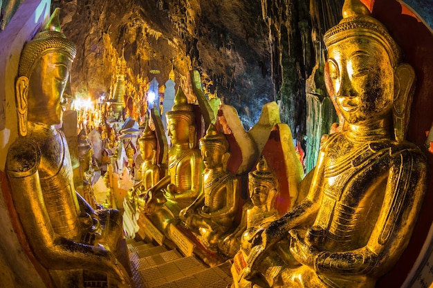 Gouden Boeddhabeelden in de Pindaya-grot, gelegen naast de stad Pindaya Shan, BirmaMyanmar, zijn een boeddhistisch bedevaartsoord en een toeristische attractie