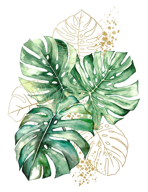 Gouden boeket met groene en gouden aquarel tropische monstera bladeren illustratie Elegant Element voor bruiloft ontwerp wenskaarten en crafting plaats voor tekst