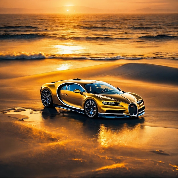 Gouden Bugatti op het strand en zonsondergang