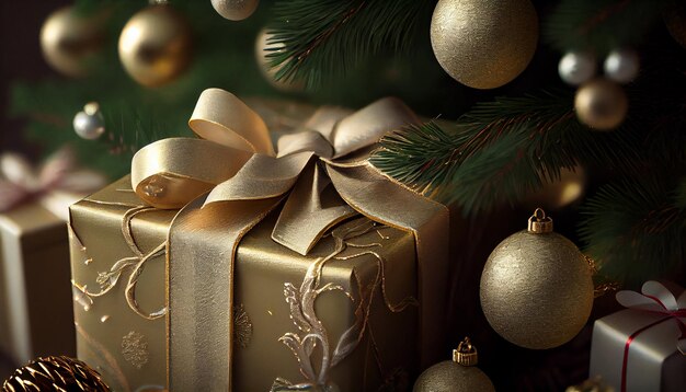Gouden cadeau verpakt in een feestelijk kerstdecor gegenereerd door AI