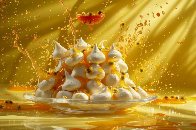 Gouden caramelsiroop spetterend op elegant whipped cream dessert met abstracte zijden achtergrond