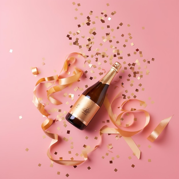 Gouden champagnefles met confetti-sterren en feestwimpels