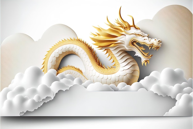 Foto gouden chinese draak met papieren wolken op geel