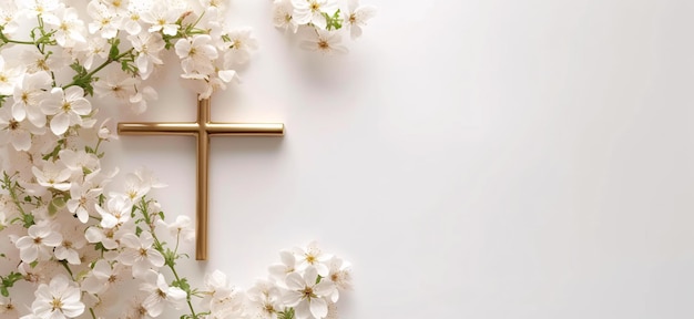 Gouden christelijk kruis met witte bloemen achtergrond met kopieerruimte