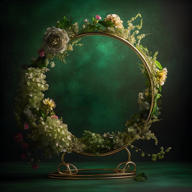 Gouden cirkel huwelijksboog met groene bloemoverlay Prachtige studio-achtergrond voor uw speciale dag