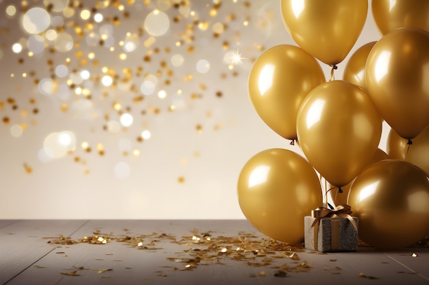 Foto gouden confetti met ballon luxe verjaardag achtergrond ai gegenereerd