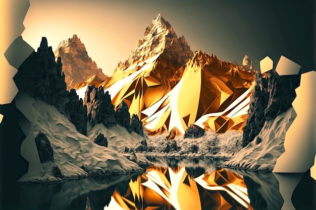 Gouden dageraad in bergen papier winterlandschap
