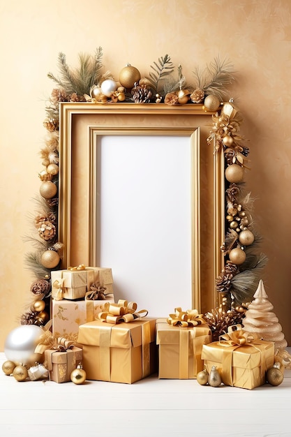 Gouden decor kerstboom en geschenk dozen op een witte achtergrond Greeting card voor Kerstmis