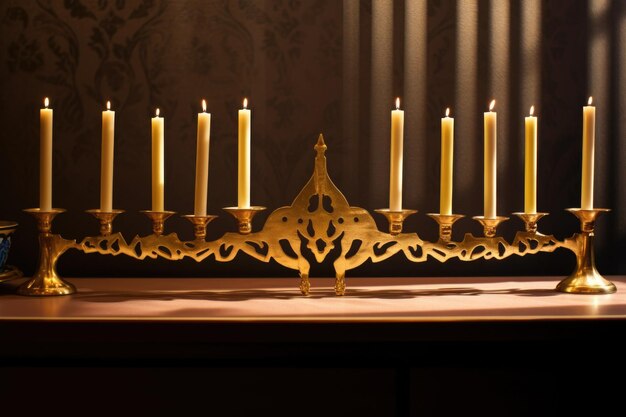 Foto gouden decoratieve menorah met kaarsen die lange schaduwen werpen