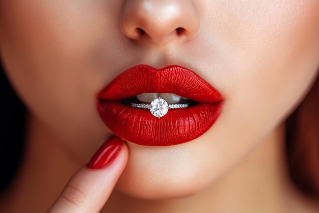 Gouden diamanten ring in een vrouwelijke lippen geschilderd een rode lippenstift close-up egoïstische handelsmeisje escort