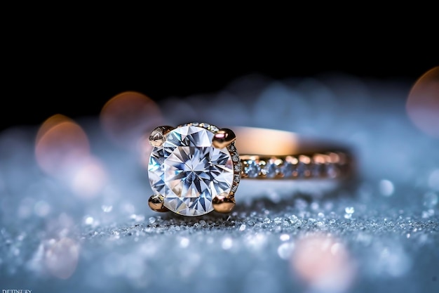 Foto gouden diamanten verlovingsring sprankelende elegantie in een winterwonderland ai