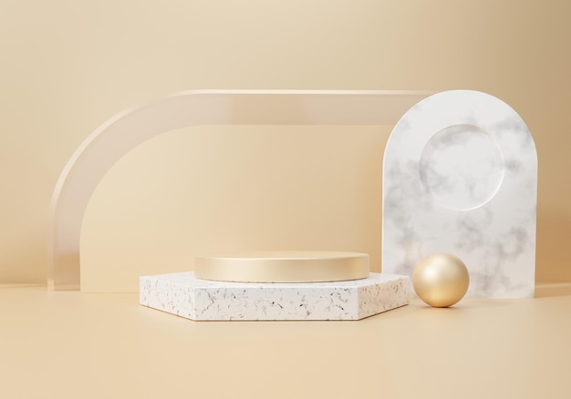 Gouden display scène 3D-achtergrond met geometrische vormen cirkel Terrazzo marmeren voetstuk op twee verdiepingen gebogen muur staan platform voor productpresentatie luxe cosmetica showcase 3d illustratie