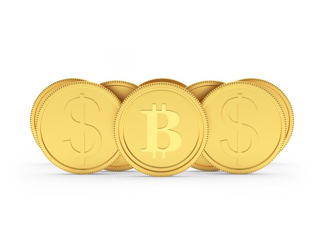 Gouden dollar en bitcoin-munten. 3D
