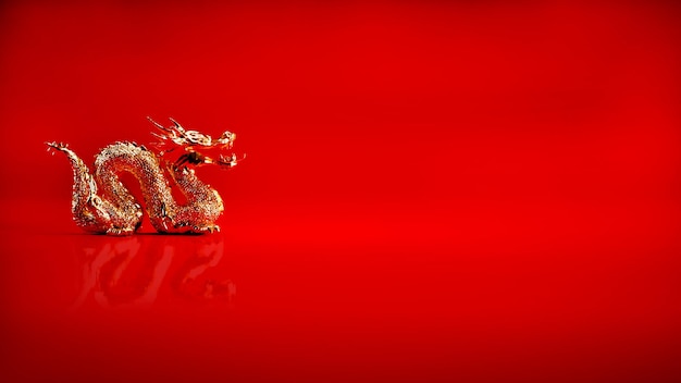 Gouden draak op rode achtergrond met kopieerruimte Jaar van de draak Chinees nieuwjaar 2024 concept.