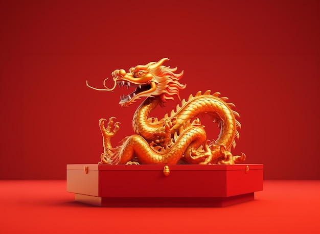 Gouden draak op rode doos en rood achtergrondteken van geluk uit China Chinese stijl