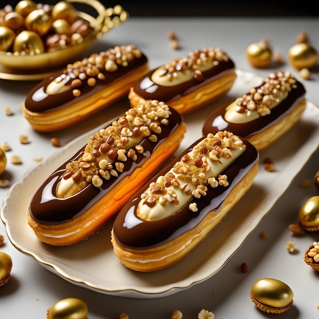 gouden eclairs gevuld met romige hazelnootpraliné, overgoten met een heerlijke karamelmotregen