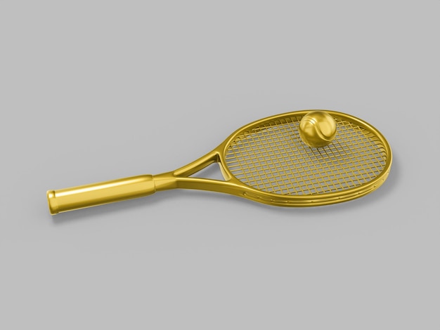 Gouden een kleur tennisracket met een bal op een grijze platte achtergrond minimalistisch design object 3D-rendering pictogram ui ux interface-element