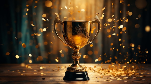 Foto gouden eerste plaats winnaar's trofee met vallende confetti