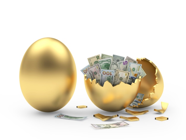 Gouden ei en gebroken eierschaal met dollarbiljetten