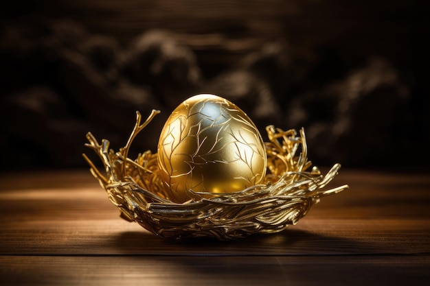 Gouden ei in een nest op een houten achtergrond Paasconcept Een glanzend en gloeiend gouden ei op het nest van het kleine vogeltje op een houten oppervlak AI Generated