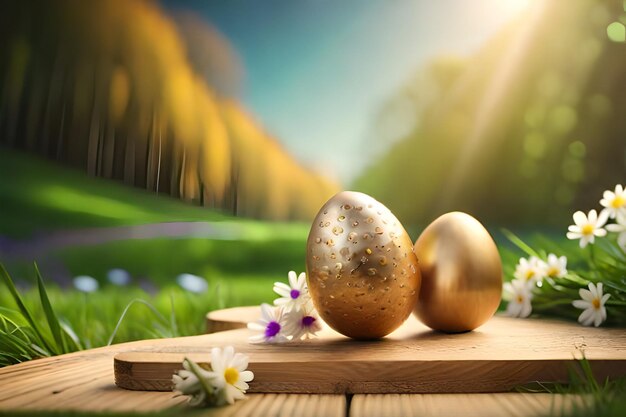 Gouden eieren op een houten tafel met bloemen en gras op de achtergrond.