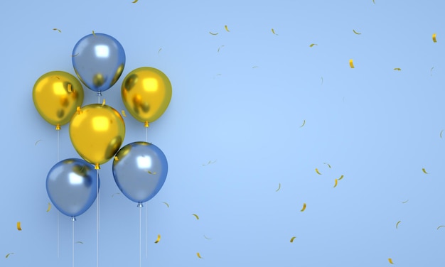 Gouden en blauwe ballonnen drijvend met confetti geïsoleerd voor gelukkige verjaardag achtergrond 3d