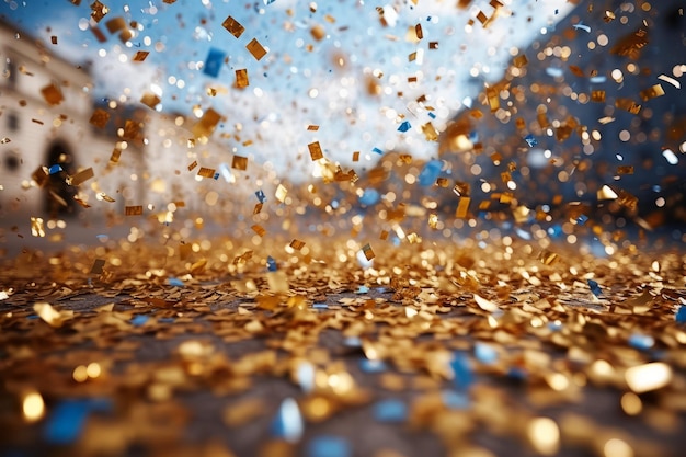 Gouden en blauwe confetti vallen in slow motion op straat.