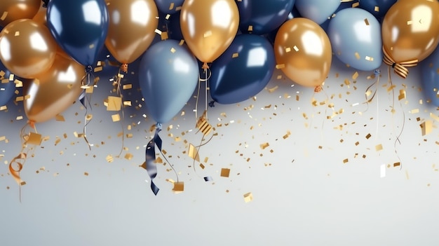 Gouden en blauwe metalen ballonnen confetti en lintjes van verjaardag op zachte achtergrond AI gegenereerd