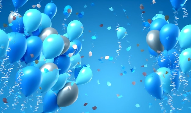 Gouden en blauwe verjaardagsballons die op lichtblauwe achtergrond vliegen