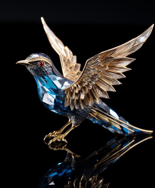 Gouden en blauwe vogelfiguur op zwart oppervlak