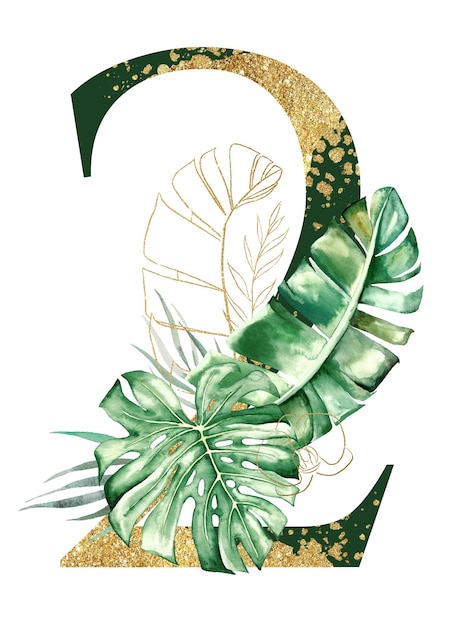 Gouden en groene nummer 2 versierd met groene en gouden tropische bladeren Aquarel illustratie geïsoleerd Sparkling exotische nummer negen met palm monstera en bananenbladeren bruiloft briefpapier element