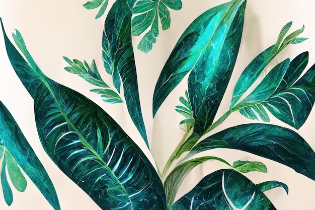 Gouden en groene tropische bladeren patroon op ruwe beige stof close-up Palm bladeren goud zwart Exotische decor van materiaal voor het naaien Floral stijl 3D-kunstwerk