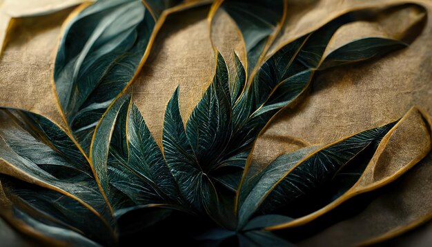 Gouden en groene tropische bladeren patroon op ruwe beige stof close-up Palm bladeren goud zwart Exotische decor van materiaal voor het naaien Floral stijl 3D-kunstwerk