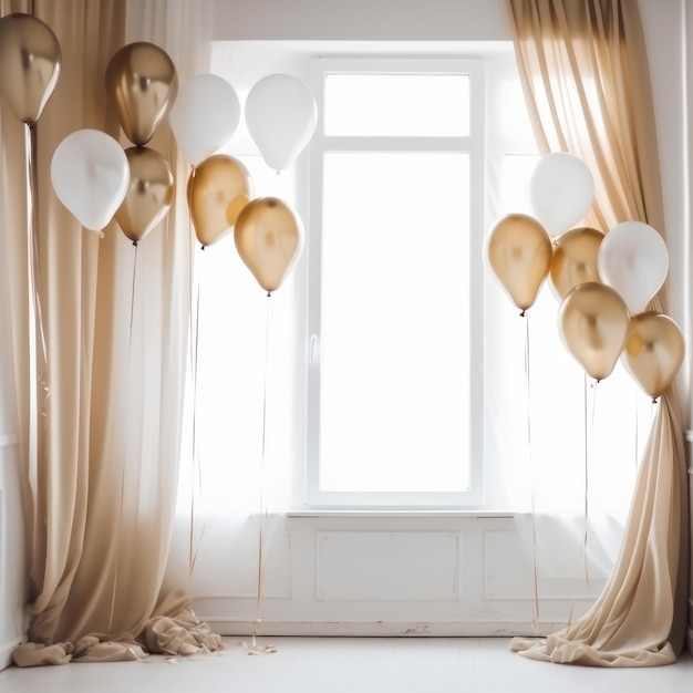 Gouden en witte ballon op witte kamer met gordijnachtergrond