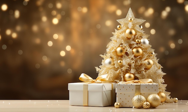 Gouden en witte kerstboom en cadeau dozen kerst achtergrond met kopieerruimte