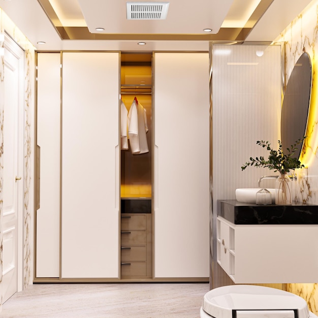 Gouden en witte marmeren badkamer interieur 3d illustratie
