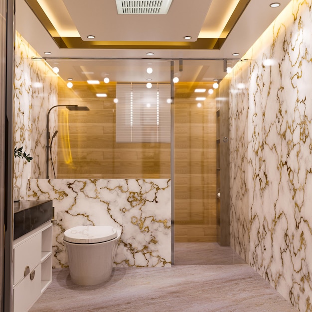 Foto gouden en witte marmeren badkamer interieur 3d illustratie