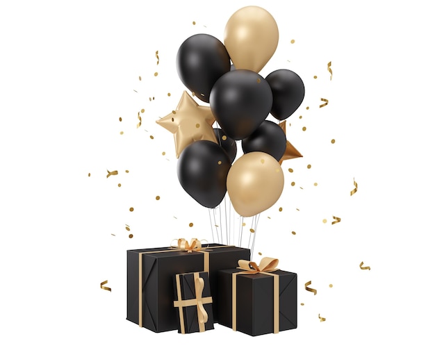 Gouden en zwarte ballonnen en cadeautjes geïsoleerd op een witte achtergrond Black friday verjaardag viering element voor evenement kaart uitgesneden Modern ontwerp 3D-rendering