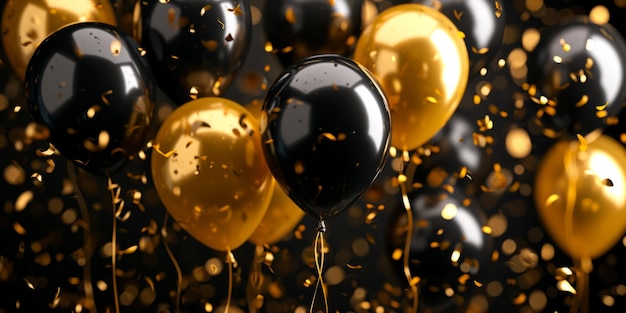 Gouden en zwarte ballonnen met feestconfetti Generatieve AI