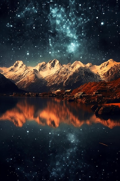Gouden fantasie sterrenhemel 's nachts torenhoge bergen helder sprankelend meeroppervlak AI generatief