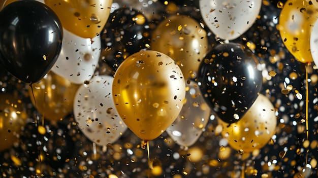 Gouden folie confetti en zwarte witte en glittergoude ballonnen Generative Ai