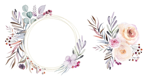 Gouden frame en boeket met waterverf pastel bloemen en bladeren winter bruiloft illustratie